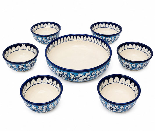 Ceramic Blue Pottery Hand Made Custard Set 7 pieces