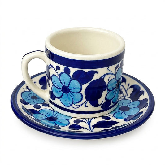Ceramic Blue Pottery Hand Made Cup & Coaster