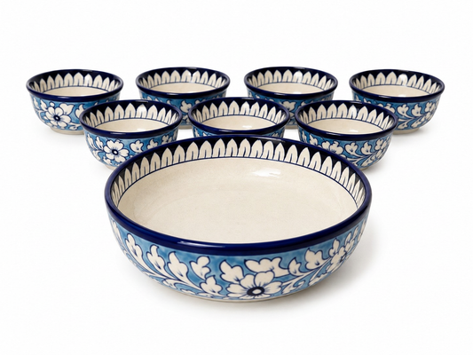 Ceramic Blue Pottery Hand Made Custard Set 7 pieces