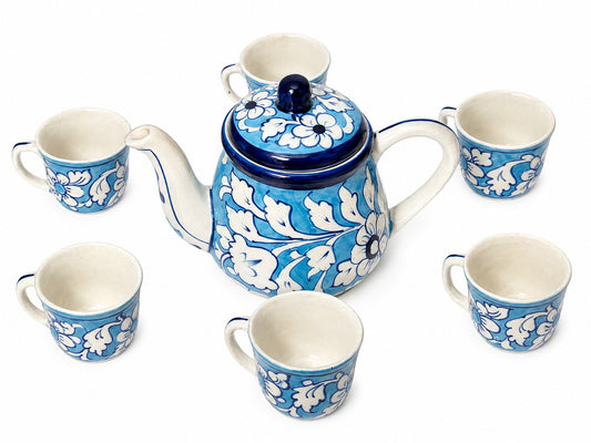 Ceramic Blue Pottery Hand Made Kehwa Set 7 pieces