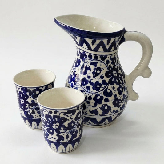Ceramic Blue Pottery Jug Glass Set 3 pieces