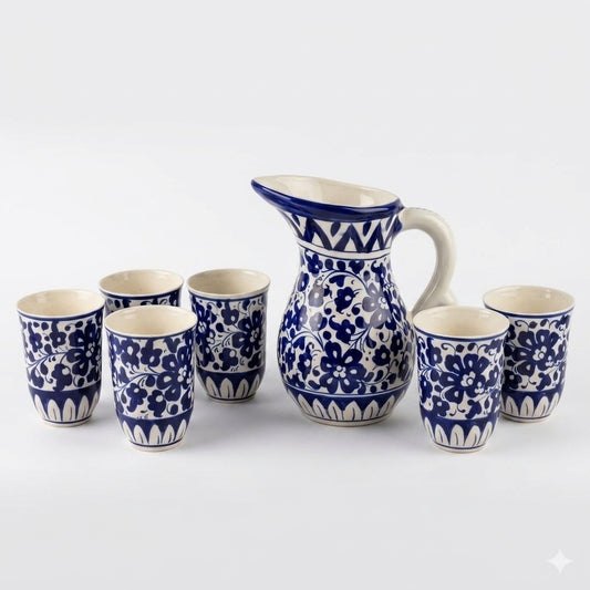 Ceramic Blue Pottery Jug Glass Set 7 pieces