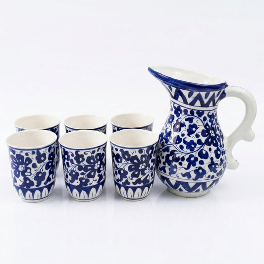 Ceramic Blue Pottery Jug Glass Set 7 pieces