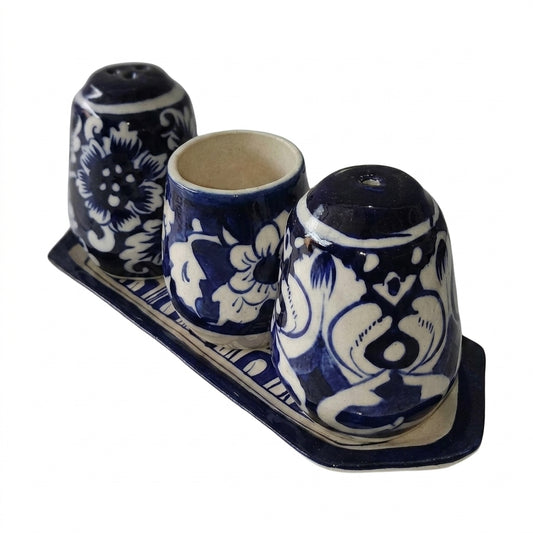 Ceramic Blue Pottery Hand Made Salt Pot Set