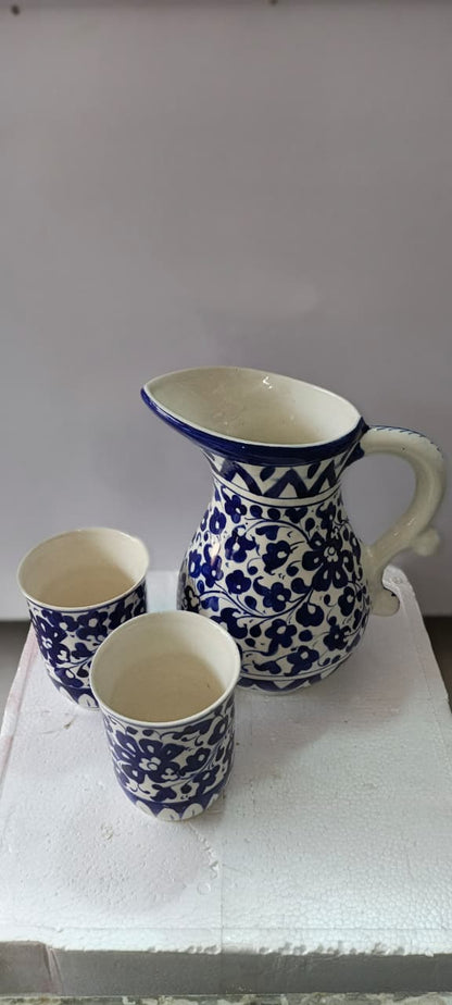 Ceramic Blue Pottery Jug Glass Set 3 pieces