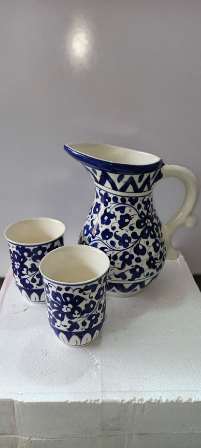 Ceramic Blue Pottery Jug Glass Set 3 pieces