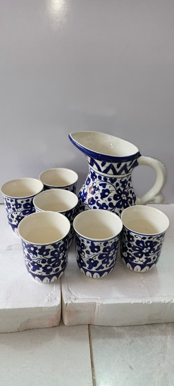 Ceramic Blue Pottery Jug Glass Set 7 pieces