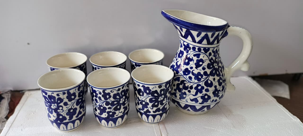 Ceramic Blue Pottery Jug Glass Set 7 pieces