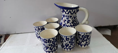 Ceramic Blue Pottery Jug Glass Set 7 pieces