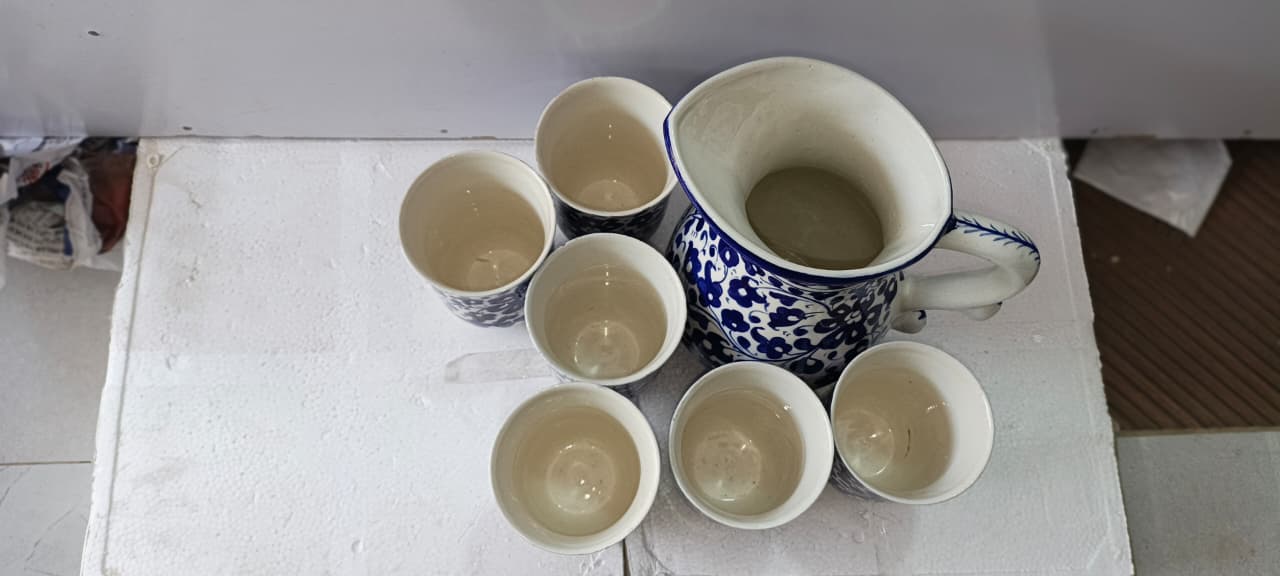 Ceramic Blue Pottery Jug Glass Set 7 pieces