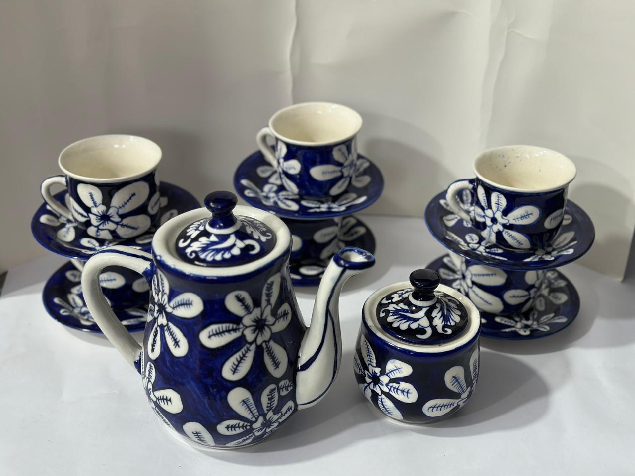 Ceramic blue pottery tea set 15 pieces