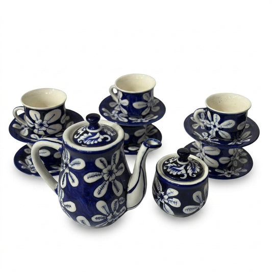 Ceramic Blue Pottery Hand Made Tea Set 15 Pieces